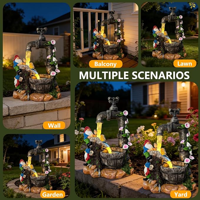 Solar Garden Gnomes Statues Outdoor Yard Decorations, 10" Resin Fountain Gnome Outside Christmas Art Decor for Lawn Patio Porch Backyard,Unique Housewarming Gifts for Women Mom Grandma