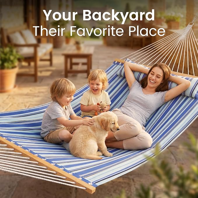 Everyfun Double Hammock with Spreader Bar - 2 Person Patio Hammock, 500 lbs Capacity, Soft Pillow & Carry Bag, Flat Wide Bed, Portable Quilted Hammock for Outdoor Camping Backyard Garden,Blue