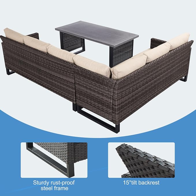 Belord Outdoor Sectional Sofa 6 Seater L Shaped Couch Wicker Patio Conversation Furniture Set Rattan Outdoor Furniture with Removable Washable Cushion, Brown/Beige