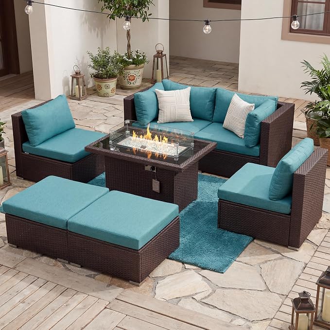 BULEXYARD 7 Pcs High Back Patio Furniture Set with Fire Pit Table Propane/Natural Gas Dual Fuel, Heavy Duty Outdoor Sectional Couch, XL Comfy Backyard Seating for Exterior, Brown Wicker & Teal Cushion