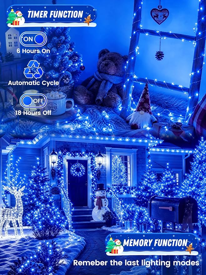 2 Pack 100 LED Fairy Lights Battery Operated with Remote Timer, 33 FT Blue | Cuttable, 8 Modes, Memory, Dimmable, IP44 Waterproof Battery String Lights for Indoor Outdoor, Wedding, Christmas Decorations