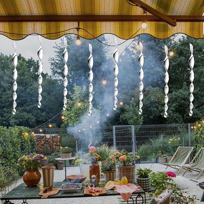 8 Pack Silver Spiral Bird Repellent Reflective Scare Rods, Hanging Plastic Rod Bird Deterrent Device, Glossy Finish Wind Spinner Scare Animals Away Outside Patio Lawn Garden Trees Decorations