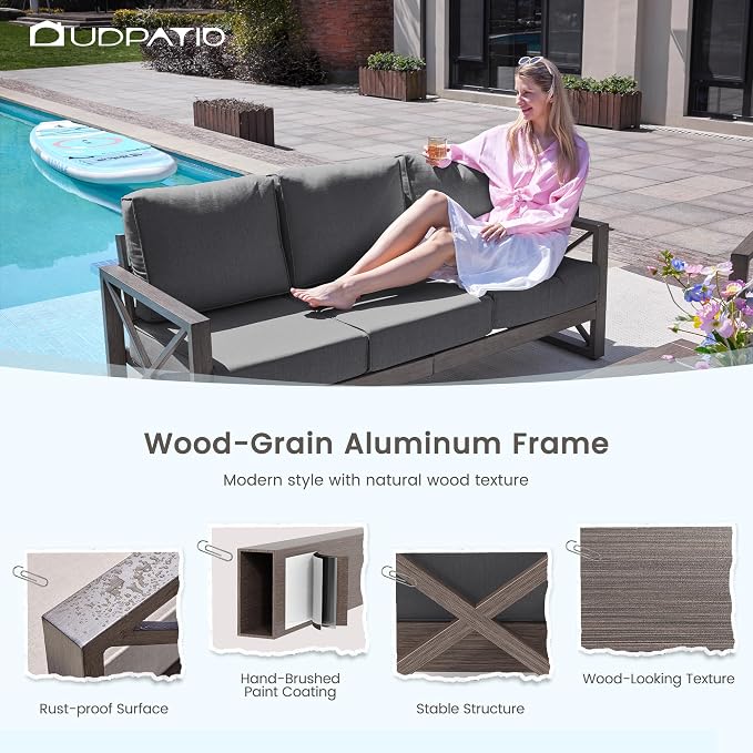 UDPATIO Aluminum Patio Furniture Set, Faux Wood Grain Modern Outdoor Furniture, 6" Cushions Metal Patio Conversation Sofa with Coffee Table for Poolside Deck, 8 PCS, Dark Grey(Include 600D Covers)