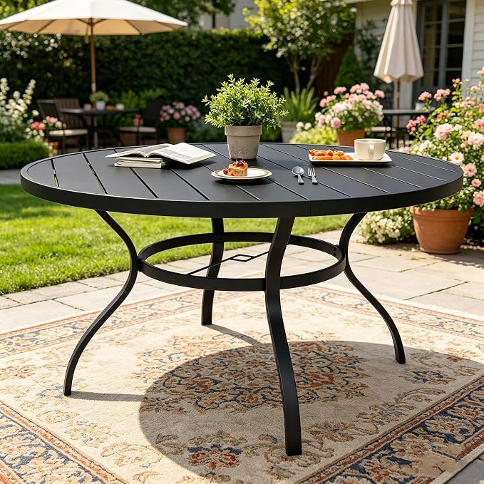 SUNCROWN 53 Inch Round Outdoor Patio Dining Table, All Weather Black Metal Steel Slat Table with 1.5" Umbrella Hole, Weather Resistant Outside Furniture for Lawn Garden Backyard Porch