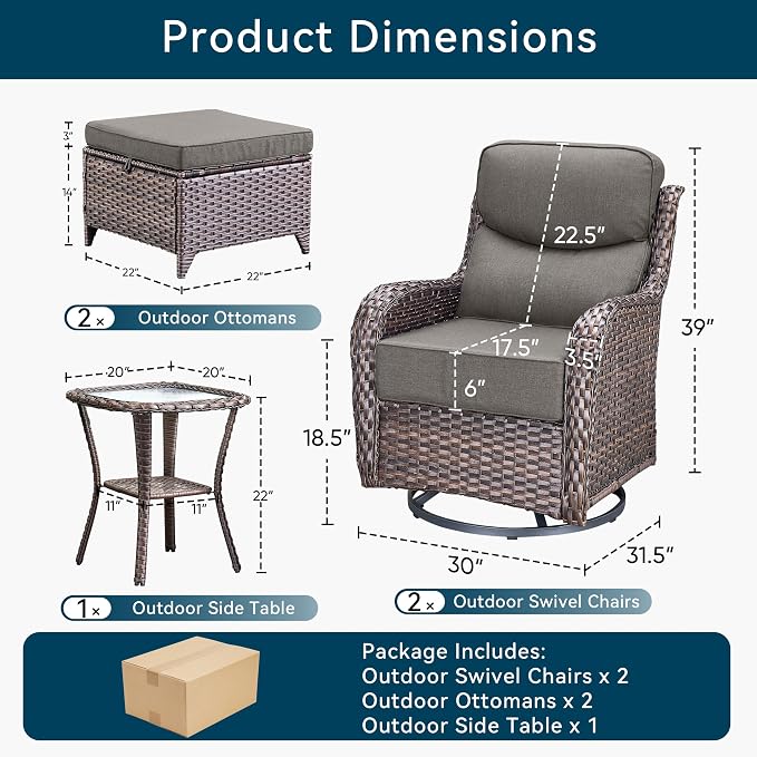 Luxury 5 Pieces Patio Furniture Set-Outdoor Swivel Rocker Patio Chairs with 6" Thick Cushions, Swivel Rocker Chairs with Ottomans & Side Table, Outdoor Conversation Sets for Porch Deck(Brown/Grey)