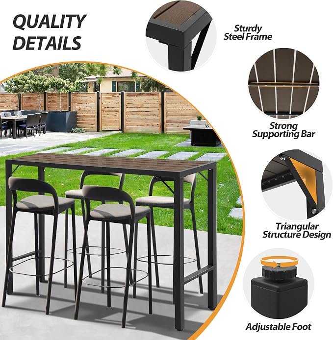 Outdoor Bar Table, 55” Patio Bar Height Table, Bar Counter Pub Dining Table with Waterproof Top for Balcony, Garden, Yard, Poolside (Brown), BTZ001-140Br
