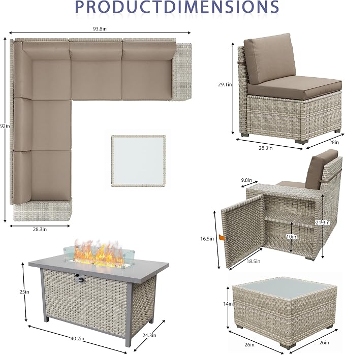13 Piece Patio Furniture Set with 50,000 BTU Rattan Fire Pit Table that Converts to Coffee Table, 9.8" Wide Arm Sectional Sofa with Storage Armrests, Outdoor Rattan Conversation Set, Khaki