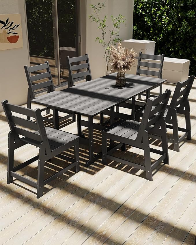 GREENVINES 7-Piece-Outdoor-Table-and-Chairs | HDPE | Patio Furniture | Dining Sets for 6 | Armless Chair | All Weather | Connectable Tables | for Backyard Poolside Garden | Grey