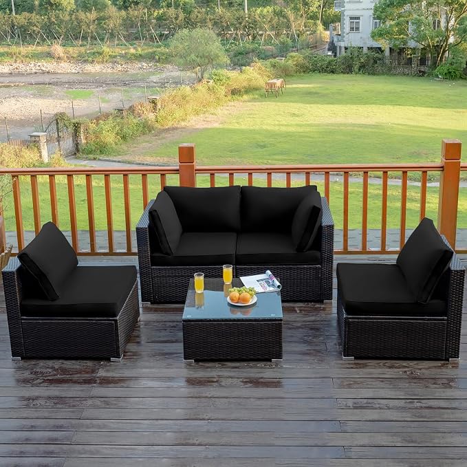COSTWAY 5-Piece Outdoor Patio Furniture Set, PE Rattan Sofa Chairs with Cushions and Tempered Glass Coffee Table, Conversation Sofa Set for Backyard Garden (Black)