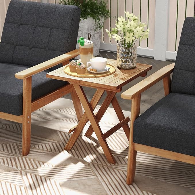 RELAX4LIFE Folding Outdoor Side Table - Teak Wood End Table, 18’’ Square Coffee Bistro Table w/Slatted Tabletop, Portable Picnic Camp Table for Poolside Porch Garden, Foldable Small Patio Table