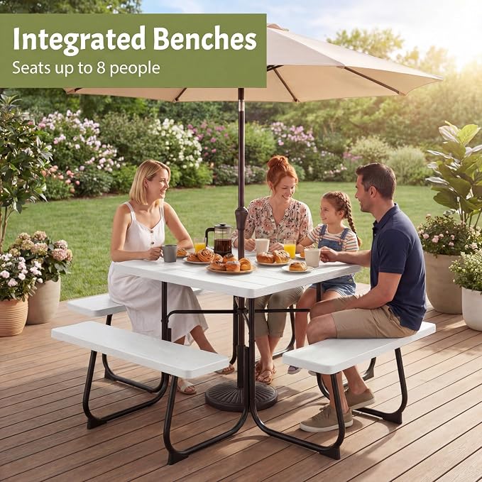 GYMAX Picnic Table Bench with Umbrella Hole, 8 Person Square Outdoor Picnic Table with Metal Frame & HDPE Tabletop, Camping Table for BBQ Yard Patio, 2300LBS Capacity (White)