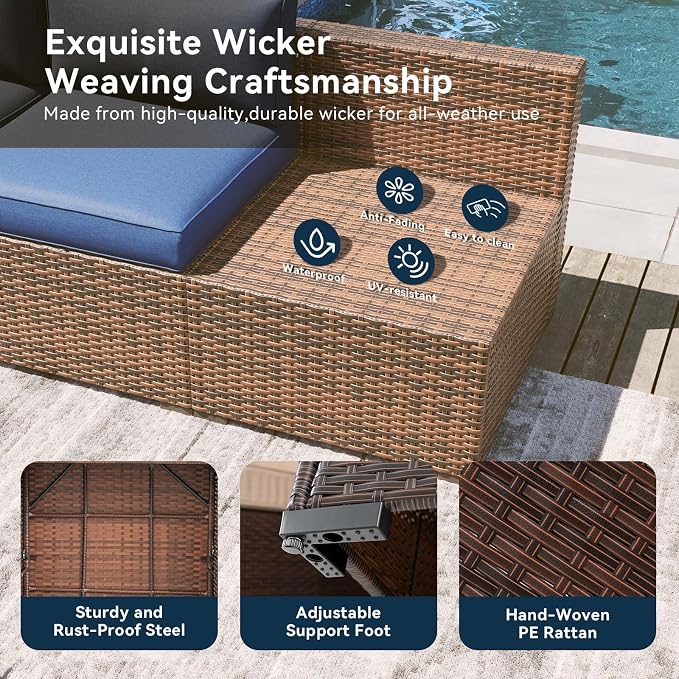 LazySunsets 15 Piece Outdoor Patio Furniture Set with 44'' Fire Pit Table, Outdoor Patio Furniture Set with 4'' Thicken Cushion, Wicker Rattan Outdoor Conversation Set for Backyard & Garden, Blue