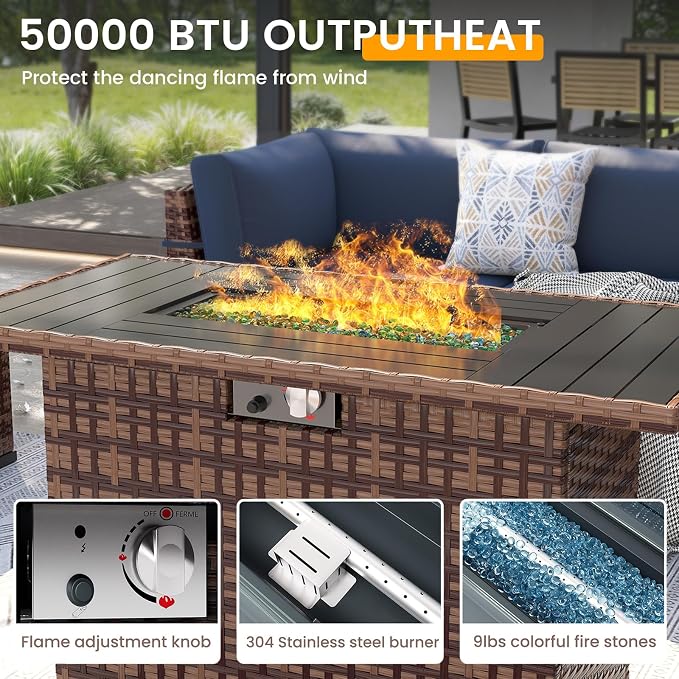 UDPATIO Patio Furniture Set with 44'' Fire Pit Table, 8 PCS Outdoor Sectional Furniture Sets, Slanted Back Outdoor Conversation Set PE Rattan Sofa for Porch W/Coffee Table,Red