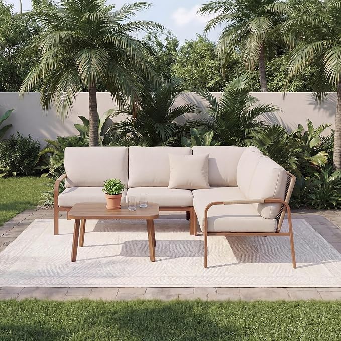 Aluminum Outdoor Patio Furniture Set, L-Shaped Corner Sectional Sofa with Coffee Table, Waterproof 4.8" Cushions, Modern Patio Conversation Set for Balcony, Porch & Backyard, Beige