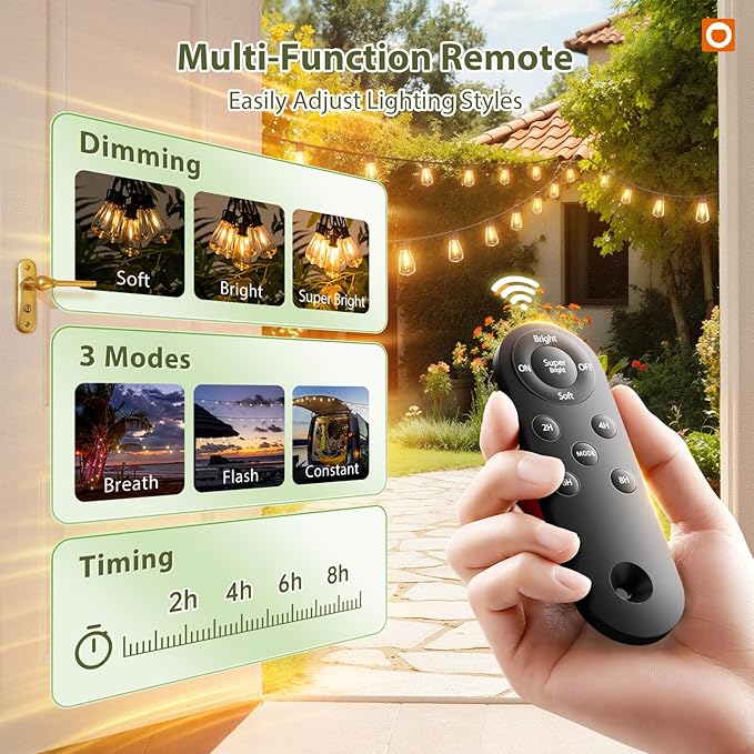addlon 33(27+6) FT Solar String Lights Waterproof, Remote& USB Port 9+1 LED | Patio Light Solar Powered, Dimmable Bulbs 3 Lighting Modes Outdoor for Camping Backyard Garden