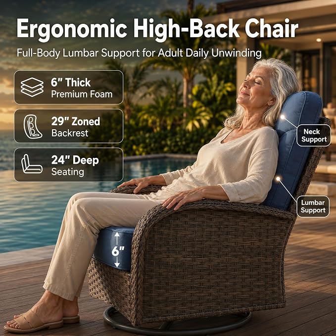 HUMMUH 3-Piece Outdoor Wicker Swivel Rocker Patio Set, High Back | 6 in Olefin seat and back cushions, PE rattan, steel frames, 350 lb chair capacity, for deck, yard, and poolside