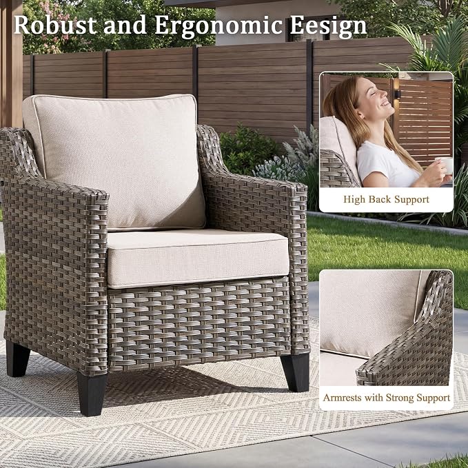 Luxury Patio Furniture Sofa Set - 7 Pieces All Weather Wicker Outdoor Couch and High Back Patio Chairs with Sofa & footstools for Deck Yard and Poolside Gray Wicker | Beige Cushions