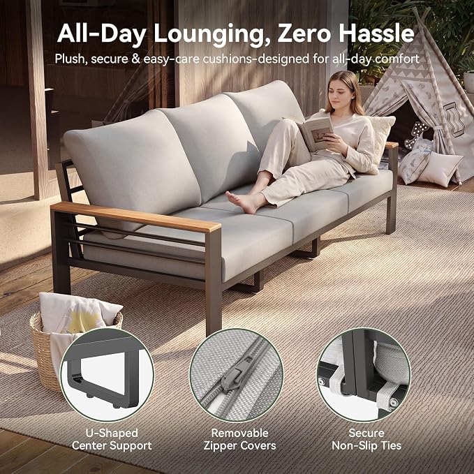 Aoxun Patio Furniture Set, Aluminum Patio Set with Fire Pit Table and 5" Thicken & Washable Cushion, Waterproof Outdoor Furniture, Outdoor Couch Sectional for Backyard (5 Seats/F, Grey)