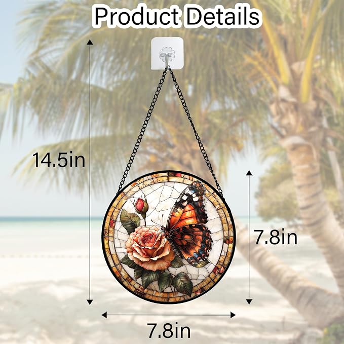 DASTOLL Stained Glass Window Hanging, Butterfly Picking Flowers Suncatcher for Doors Home Sun Catchers Decoration and Christmas, Mother's Day Birthday Gifts for Women, Men, and Mom 7.8 in