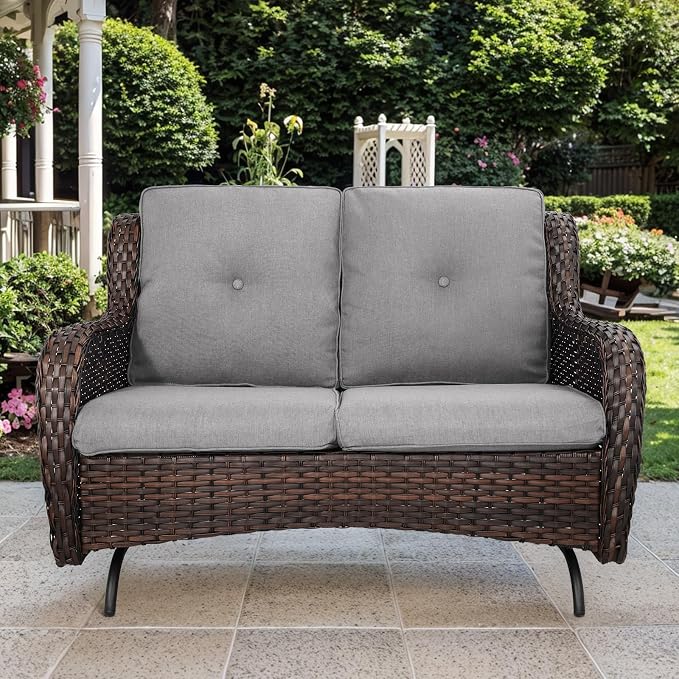 Patio Loveseat Glider Set, Resin Wicker Loveseat Glider with 4 Swivel Patio Chiars Coffee Table 2 Side Table, 8 Piece Patio Conversation Loveseat Set, Brown Wicker|Grey Cushions