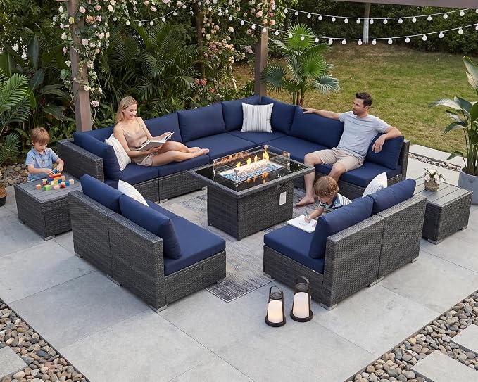 NICESOUL 13 Piece Outdoor Sectional Furniture with Firepit, Contemporary Back Yard Fireplace w/Seating Area, Plus Size 29.3'' High Back Patio Set, All-Weather Wicker Couch for Exterior, Gray & Blue