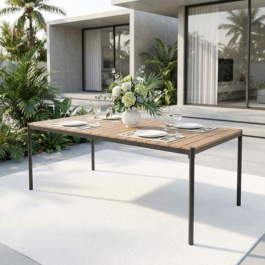SUNSITT 82.6’’ Metal Outdoor Patio Dining Table, Weather-Resistant Large Outdoor Rectangle Table/WPC Tabletop & Adjustable Feet for 6-8 Person Porch Deck Garden, Black