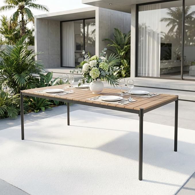 SUNSITT 7 Piece Outdoor Patio Dining Set, Patio Dining Furniture Set with 82.6” Metal Dining Table w/WPC Tabletop and 6 Patio Woven Rattan Chairs w/Curved Armrest for Garden, Beige