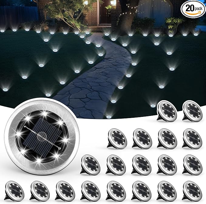SOLPEX 20 Pack Small Solar Ground Lights, Pathway Lights Cool White | Stainless Steel Solar Powered Walkway Lights Waterproof, Landscape Lighting for Driveway, Garden, Backyard, Patio