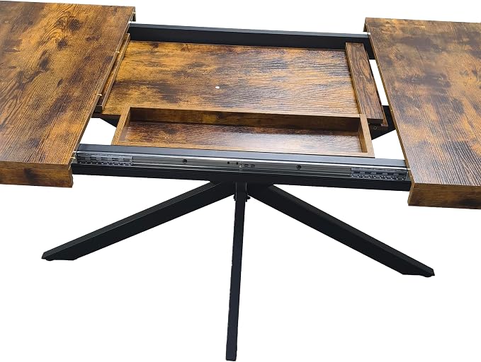 55.11" -70.86" Extendable Dining Room Table, Retro Folding Dining Tables for 4-6 People with Antique Wood Top/Black Fine Sand Cross Iron Foot Base/Storage Box, Brown