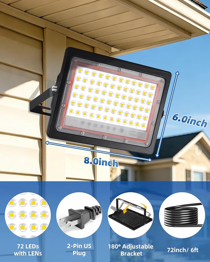 2 Pack 60W LED Flood Light, IP66 Waterproof | 7200LM, 5000K Daylight White, Plug in with 6ft Cord, Outdoor Exterior Lighting, for Yard, Garage, Patio, Backyard