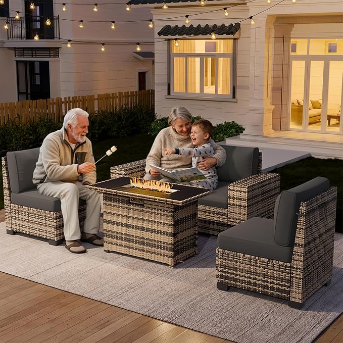 Amopatio 5 Piece Patio Furniture Set with 8" Armrest & 44" Fire Pit Table, Outdoor Wicker Rattan Sectional Sofa Conversation Set for Backyard, Garden, Poolside(Grey Cushion)