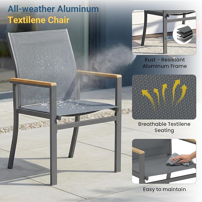 5-Pieces Aluminum Patio Table and Chairs for All-Weather, Patio Table Set with Heavy Duty HDPS Round Table, Outdoor Patio Dining Furniture Set with Breathable Quick-Drying Textilene Chairs