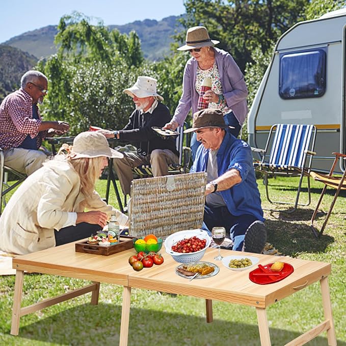 Foldable Boho Wooden Picnic Table, No Assembly Required 60" x 30" Portable Outdoor Indoor Low Picnic Table for Floor Camping, Seating, Beach, Backyard, BBQ, Seats 6–8 People