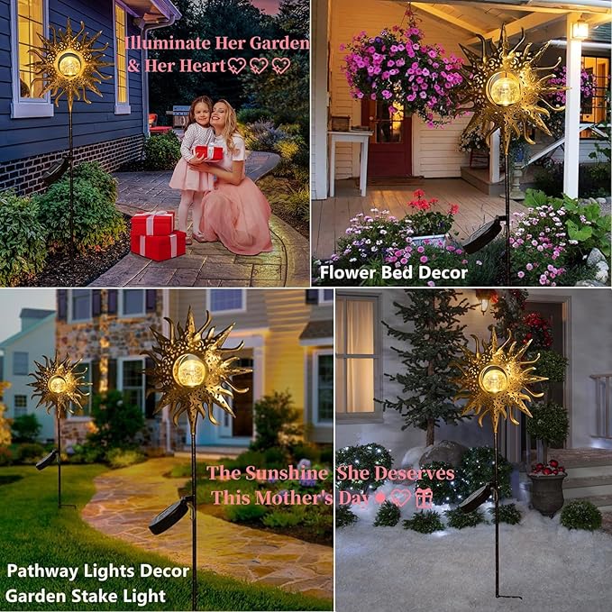 Sun Solar Lights Outdoor Waterproof Metal Garden Stakes for Patio Yard Walkway LawnPatio Mothers Gifts Mom Wife Grandma (Sun)