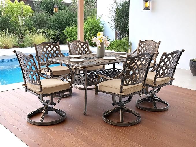 7 Piece Cast Aluminum Outdoor Dining Set, Retro Patio Dining Furniture Set for 6 Includes 59” Rectangular Table 6 Lattice Chairs with Thicker Cushions and Umbrella Hole for Porch Poolside Garden