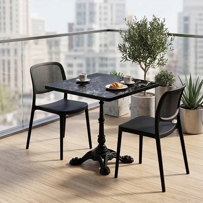 31.5" Square Outdoor Patio Dining Bistro Table, Sintered Stone Top | Glossy sintered stone top, cast iron tulip base, compact size for patio, balcony, garden, or café use, 2-4 People Dining