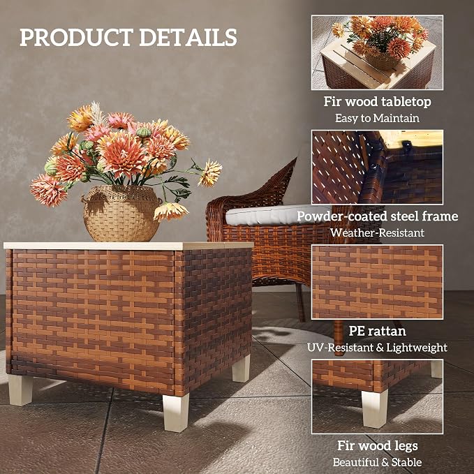 Outsunny Outdoor Side Table with PE Rattan, Patio End Table with Natural Fir Wood Tabletop and Legs, Weather Resistant Accent Table for Patio Pool Porch, Brown