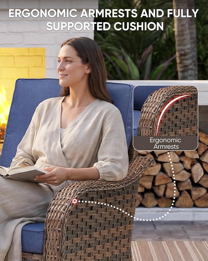Patio Furniture Set - 9 Pieces All Weather Wicker Outdoor Furniture with 4 Swivel Chairs, 2 Ottomans, 1 Sofa,1 Side Table and Fire Pit Table, Ergonomic Design for Porch, Garden, and Backyard(Blue)