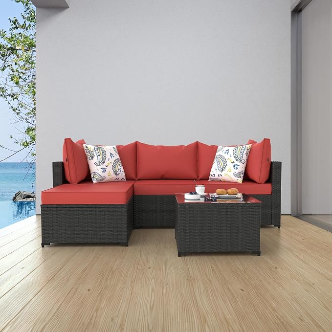 Patio Furniture Set, 5PCS Patio Sectional with Ottoman Wicker Rattan Outdoor Furniture with Thickened Cushion Modular Wicker Patio Conversation Set with Glass Top Table for Balcony, Backyard(Red)