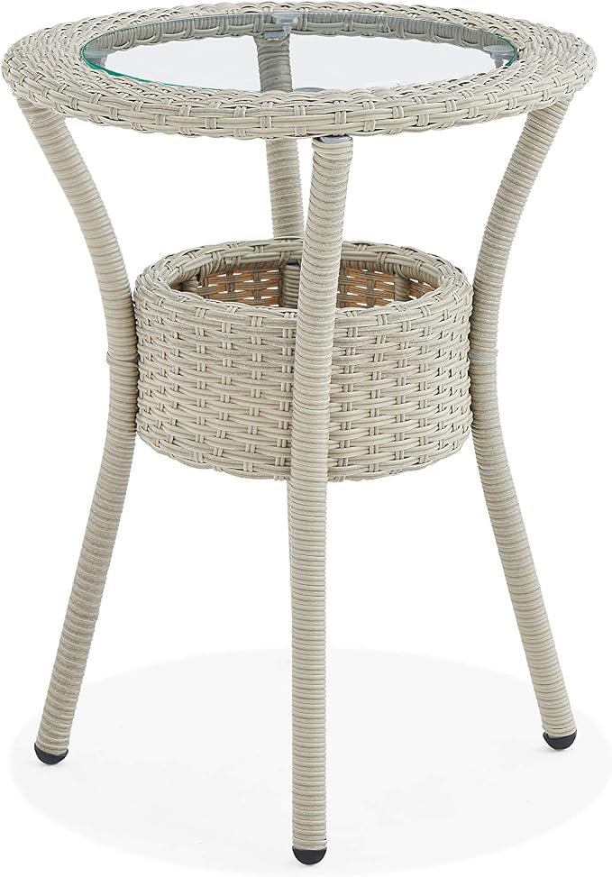 Modern and Weatherproof Haven All-Weather Wicker Outdoor Round Glass-Top Accent Table with Storage - Outdoor Furniture Patio Set & Metal - 20 in. W x 20 in. D x 26 in. H