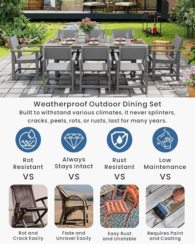 9-Piece Outdoor Dining Set, HDPE Weatherproof Patio Table and Chairs Set for 8, Outdoor Patio Furniture Sets with Umbrella Hole for Outside, Deck, Backyard, Garden (Grey)