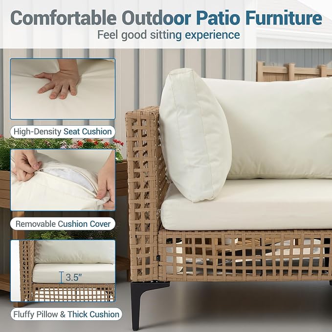 5-Piece Outdoor Wicker Patio Sectional Furniture Set, Beige | 4-Seat, PE rattan, All weather performance, Patio onversation set, for Backyard Porch Poolside Deck,