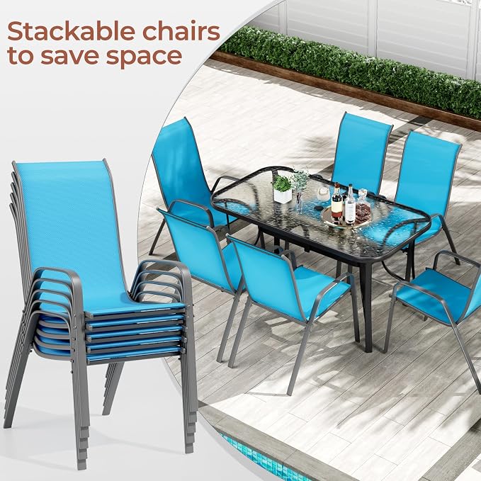 TLSUNNY Patio Dining Set for 6, Outdoor Table and Chairs W/1.69″ Umbrella Hole, 30"X 55" Table and Stackable Textilene Chair, All Weather Patio Furniture Set (Black Table & Sky Blue Chair)