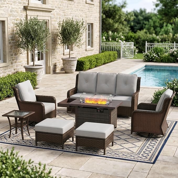 Sundale Outdoor Wicker Patio Furniture Set with Fire Pit, 7 Piece Outdoor Furniture Set with Swivel Chairs, Couch & Ottoman, High Back Patio Conversation Sets with 6" Cushions for Yard, Deck (Grey)