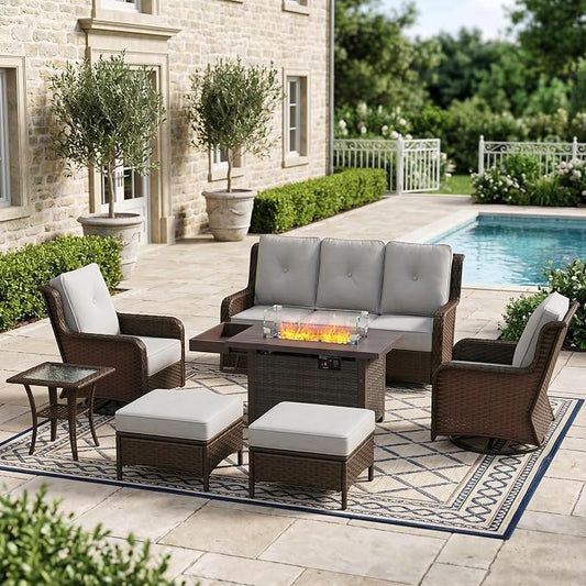 Sundale Outdoor Wicker Patio Furniture Set with Fire Pit, 7 Piece Outdoor Furniture Set with Swivel Chairs, Couch & Ottoman, High Back Patio Conversation Sets with 6" Cushions for Yard, Deck (Grey)