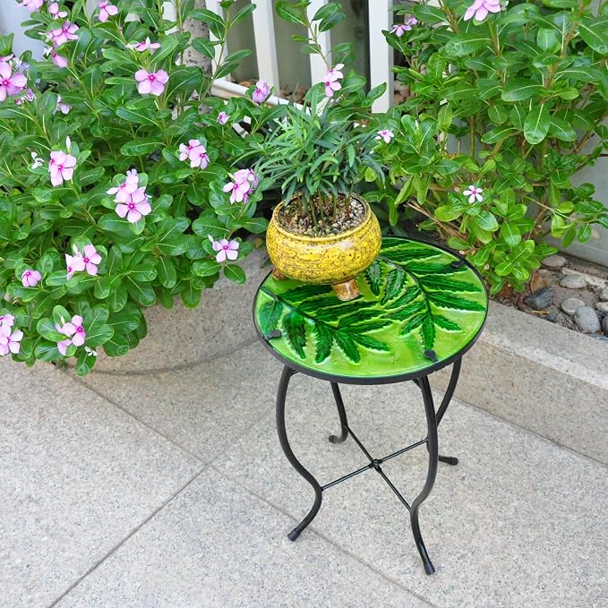 Patio Side Table Outdoor Coffee Table Round Glass Feature Table Metal End Table Suitable for Indoor and Outdoor Accent Table Backyard Garden Lawn