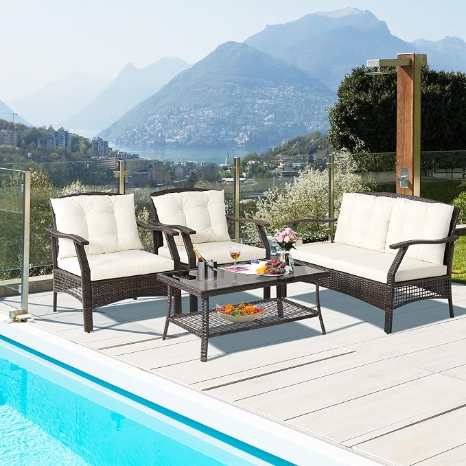 HAPPYGRILL 4 Piece Outdoor Rattan Conversation Set, Patio Rattan Sofa Set with Protective Cover, Soft Seat & Back Cushions, Patio Furniture Set with Sturdy Steel Frame