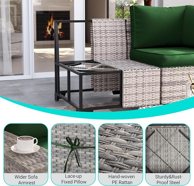 11-Piece Outdoor Patio Furniture Set with Rocking Swivel Chair Wicker Sectional Sofa Set, Patio Conversation Set with Ottomans & Coffee Table for Garden, Backyard, Poolside, Green