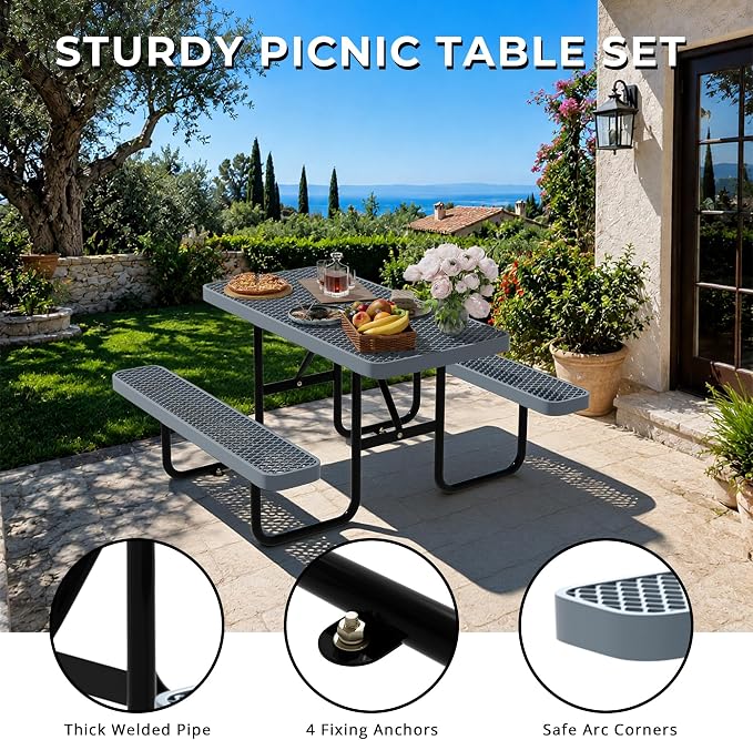 4FT Rectangular Steel Outdoor Picnic Table, Commercial Picnic Table Bench Set with Umbrella Hole, Weather-Resistant Heavy Duty School Dining Table for Stores, Park, Patio, Garden, Backyard, Grey