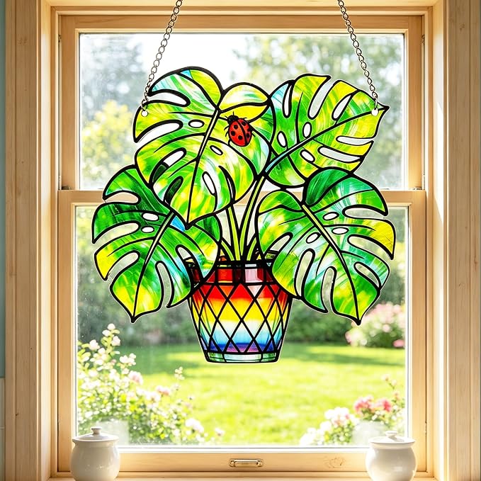 Plant Suncatcher Glass, Stained Glass Suncatcher Plant Window Hanging, Unique Nature Lover Gifts Leaf (Monstera)
